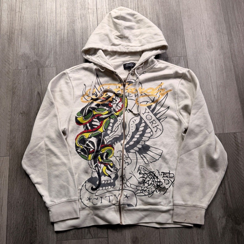 Ed Hardy Zip Hoodie M Cream Panther Snake Skull New York City Graphic